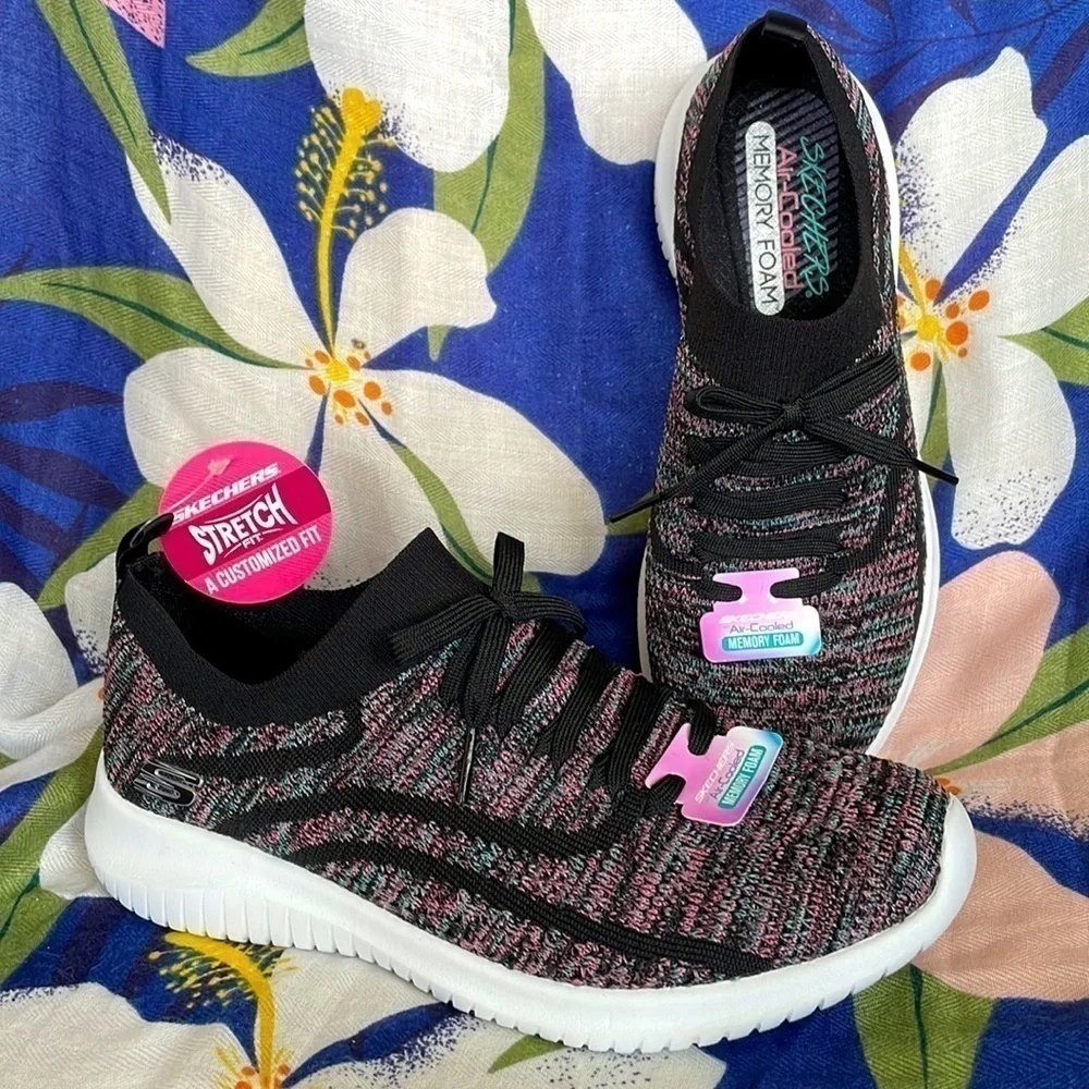 Brand New Skechers Air-Cooled Memory Foam Slip On Black Stretch Sneakers